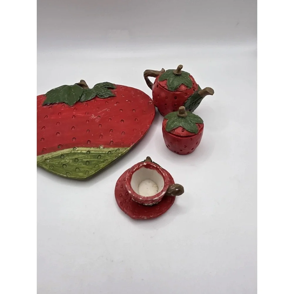 Strawberry Miniature Tea Set Red Strawberries VINTAGE - Resin Teapot Teacups